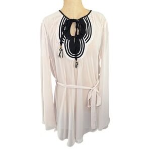 ZKuattra Beige Tunic Top L Tie Neck Long‎ Bell Sleeve Boho Chic Blouse